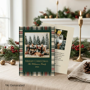 Elegant Green & Red Plaid Christmas Family Photo Foil Holiday Card