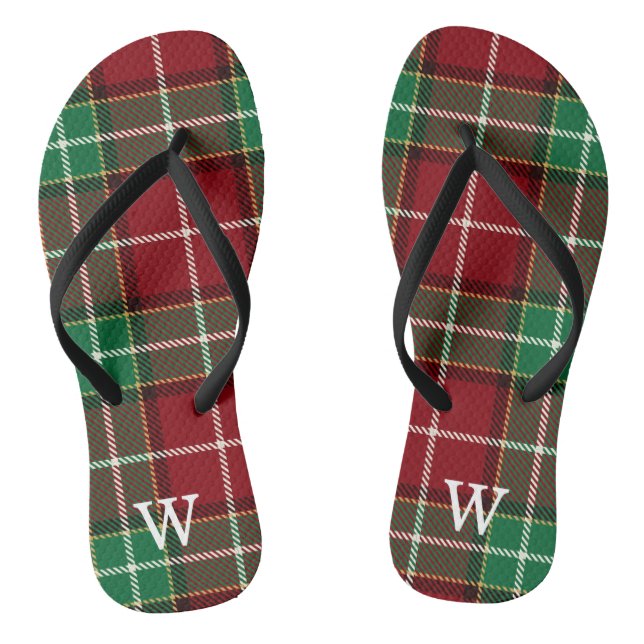 Elegant green & red tartan plaid Personalised  Flip Flops (Footbed)