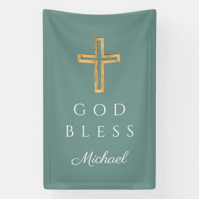 Elegant Green Religious Cross God Bless Banner (Vertical)