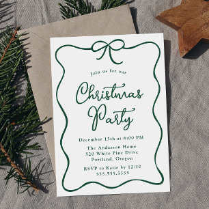 Elegant Green Ribbon Bow Christmas Party Invitation