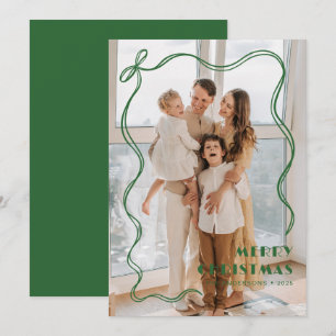 Elegant Green Ribbon Family Photo Merry Christmas Holiday Card