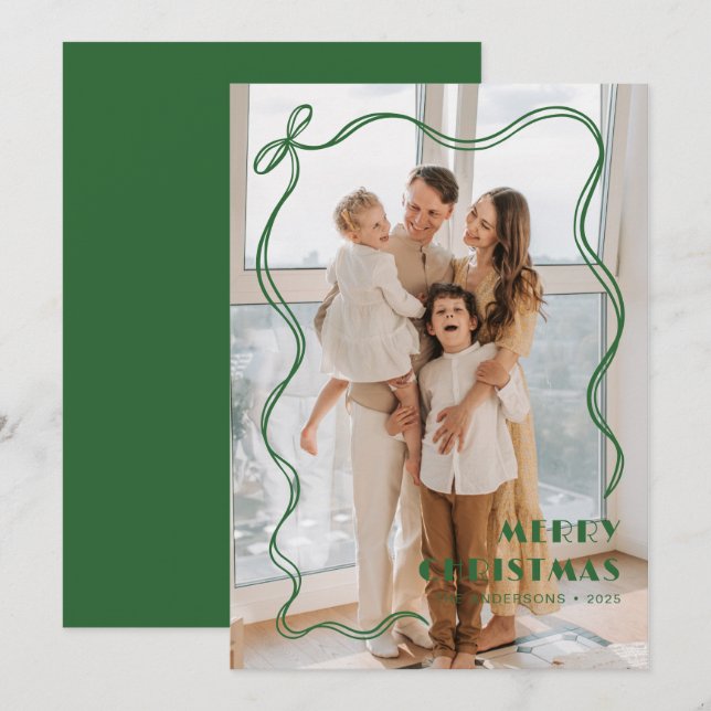 Elegant Green Ribbon Family Photo Merry Christmas Holiday Card (Front/Back)