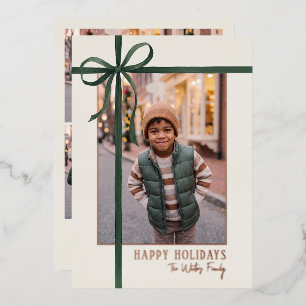 Elegant Green Ribbon Framed Photo Foil Holiday Card