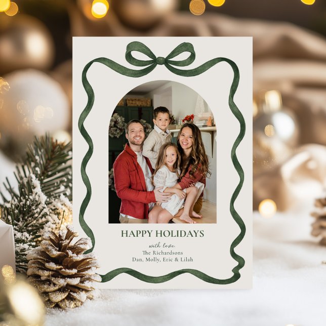 Elegant Green Ribbon Holiday Photo Card (Creator Uploaded)