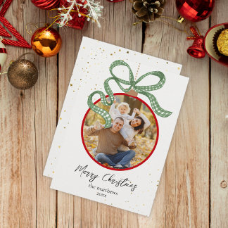 Elegant Green Ribbon Photo Christmas Card