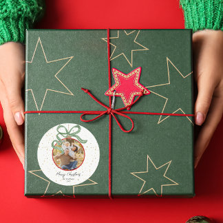 Elegant Green Ribbon Photo Christmas Classic Round Sticker