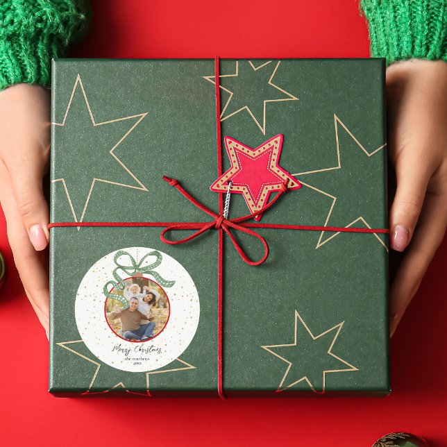 Elegant Green Ribbon Photo Christmas Classic Round Sticker (Creator Uploaded)