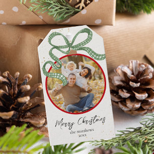 Elegant Green Ribbon Photo Christmas Gift Tags