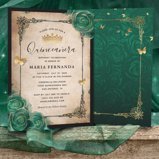 Elegant Green Rose Gold Black Quinceanera Invitation (Creator Uploaded)