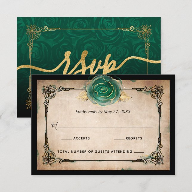 Elegant Green Rose Gold Black Watercolor Wedding RSVP Card (Front/Back)