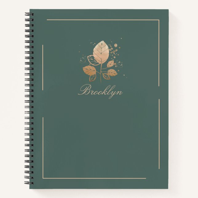 Elegant Green & Rose Gold Floral Personalised Notebook (Front)