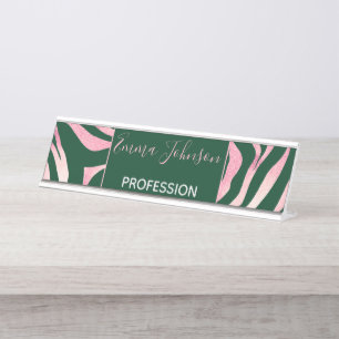 Elegant Green Rose Gold Glitter Zebra Desk Name Plate