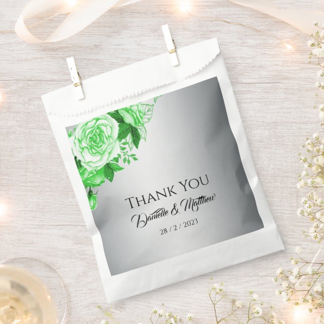 Elegant Green Roses on Silver Wedding  Favour Bags (Clipped)