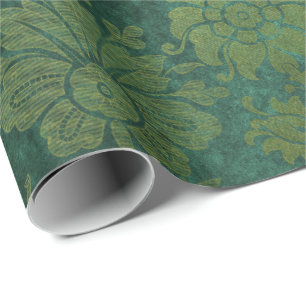 Elegant green royal damask floral pattern wrapping paper