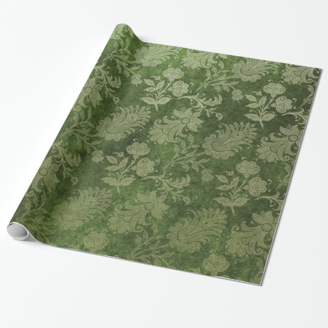 Elegant green royal damask floral pattern wrapping paper (Unrolled)