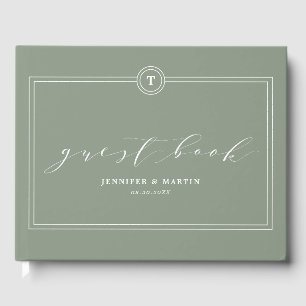 Elegant Green Sage Monogram Calligraphy Wedding Guest Book