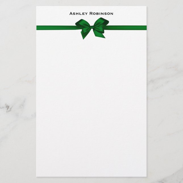 Elegant Green Satin Bow on White Stationery (Front)