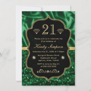 Elegant Green Satin & Glitter Gold Frame Birthday Invitation