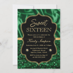 Elegant Green Satin & Glitter Gold Frame Sweet 16 Invitation