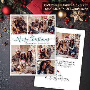 Elegant Green Script 5 Photo Collage Christmas  Holiday Card