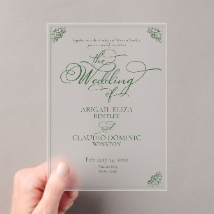 Elegant Green Script & Border Destination Wedding Acrylic Invitations