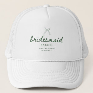 Elegant Green Script Coquette Bridesmaid's Name Trucker Hat