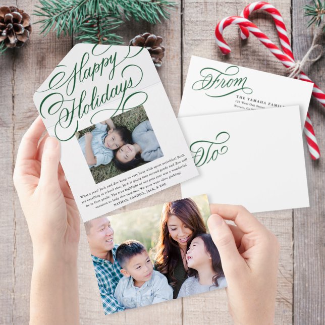Elegant Green Script Happy Holiday Photo Card (Creator Uploaded)