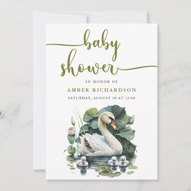 Elegant Green Script Swan Minimalist Baby Shower Invitation (Front)