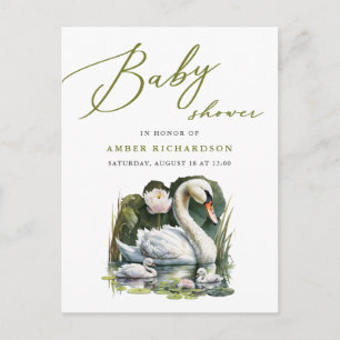 Elegant Green Script Swan Minimalist Baby Shower Invitation Postcard