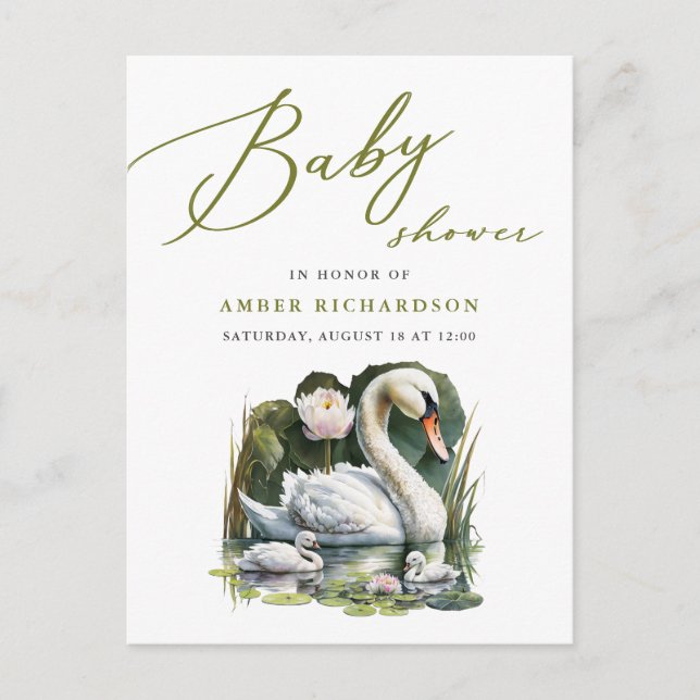 Elegant Green Script Swan Minimalist Baby Shower Invitation Postcard (Front)