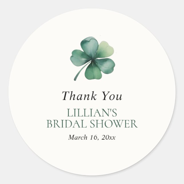Elegant Green Shamrock Bridal Shower Classic Round Sticker (Front)