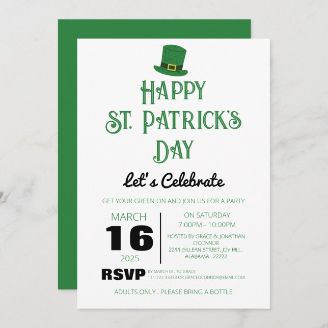 Elegant Green Shamrock St. Patrick's Day Party Invitation (Front/Back)