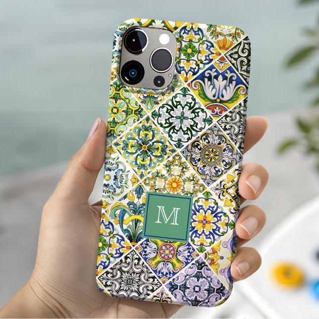 Elegant Green Sicilian Mediterranean Tile Pattern iPhone 15 Case (Creator Uploaded)