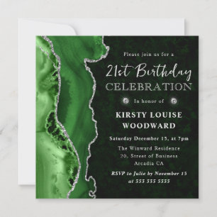 Elegant Green & Silver Glitter Agate 21st Birthday Invitation