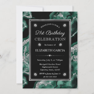 Elegant Green & Silver Glitter Agate 21st Birthday Invitation