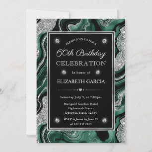 Elegant Green & Silver Glitter Agate 60th Birthday Invitation