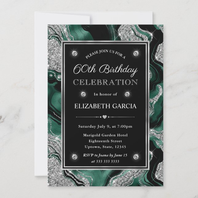 Elegant Green & Silver Glitter Agate 60th Birthday Invitation (Front)