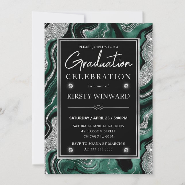 Elegant Green & Silver Glitter Agate Graduation Invitation (Front)