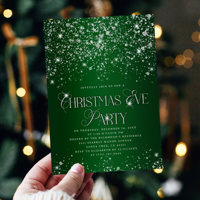Elegant Green Silver Glitter Christmas Eve Party Invitation (Creator Uploaded)
