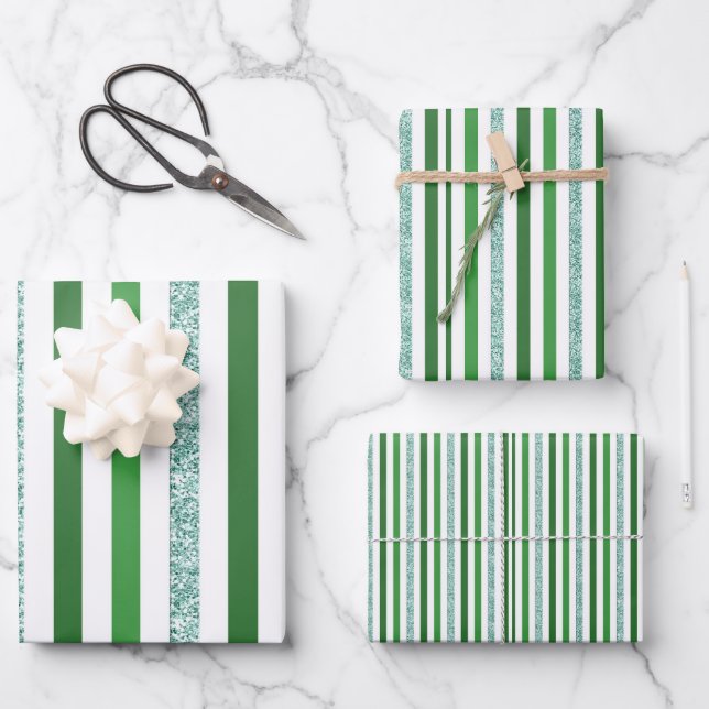 Elegant Green & Silver Glitter Stripes Wrapping Paper Sheet (Front)