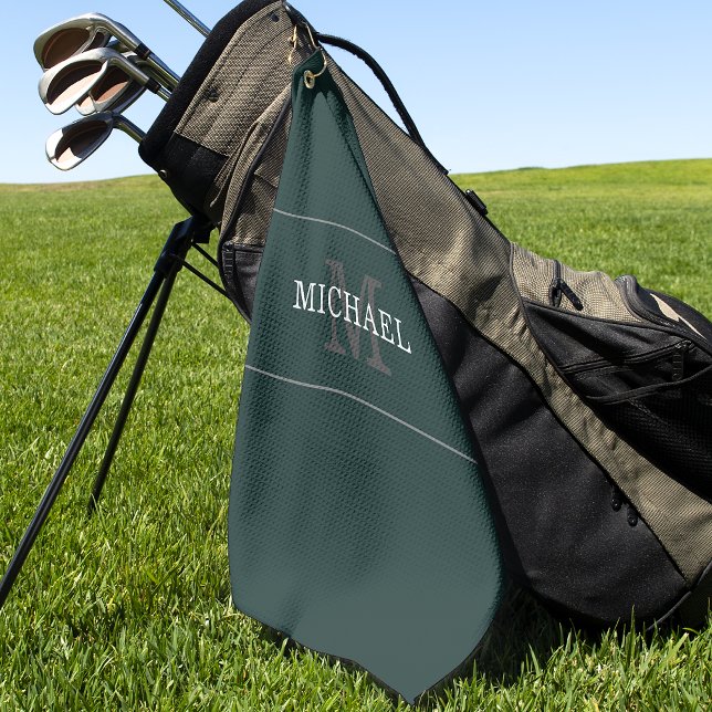 Elegant Green Silver Monogram Custom Name Golf Towel (Creator Uploaded)