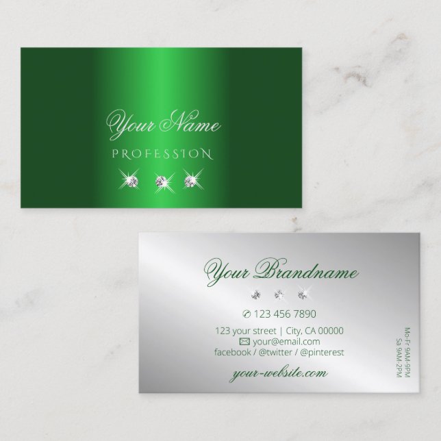Elegant Green Silver Sparkling Diamonds Stylish Business Card (Front/Back)