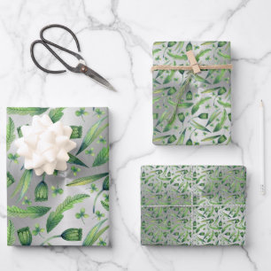 Elegant Green Silver Watercolor Floral Wrapping Paper Sheet