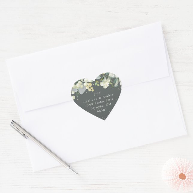 Elegant Green Snowberry+Eucalyptus Address Heart Sticker (Envelope)