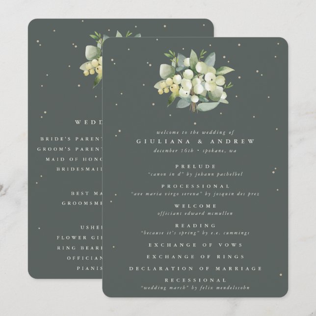 Elegant Green Snowberry+Eucalyptus Bouquet Wedding Programme (Front/Back)