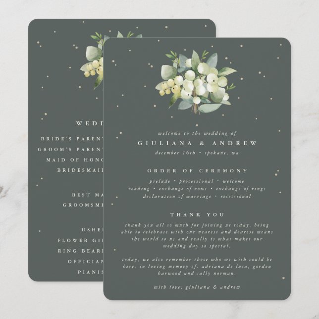 Elegant Green Snowberry+Eucalyptus Bouquet Wedding Programme (Front/Back)
