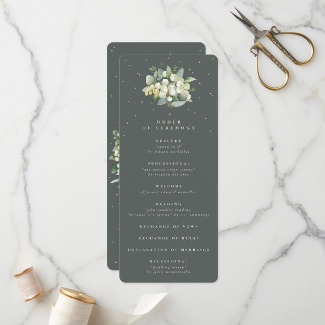 Elegant Green Snowberry+Eucalyptus Bouquet Wedding Programme (Front/Back In Situ)