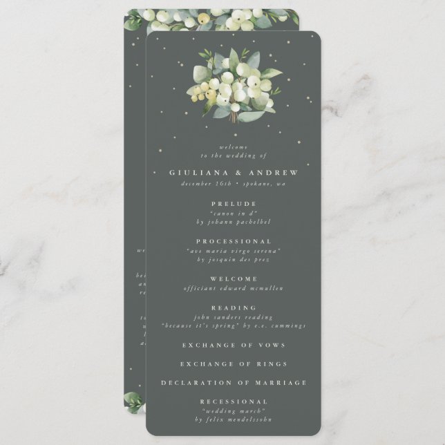 Elegant Green Snowberry+Eucalyptus Bouquet Wedding Programme (Front/Back)