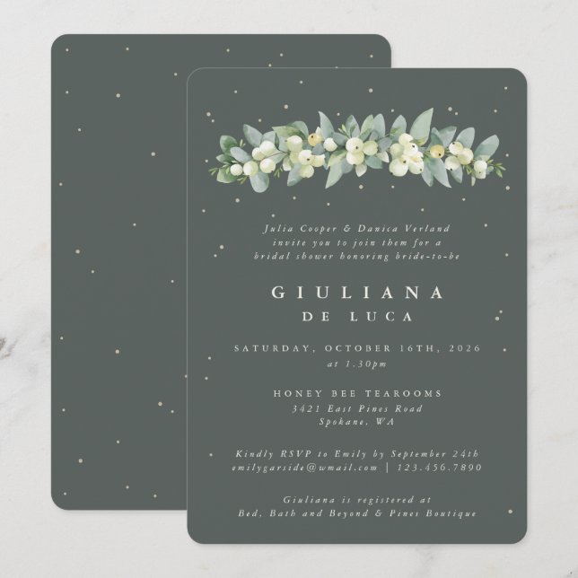 Elegant Green Snowberry+Eucalyptus Bridal Shower Invitation (Front/Back)