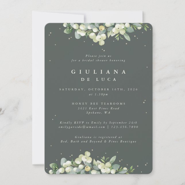 Elegant Green Snowberry+Eucalyptus Bridal Shower Invitation (Front)